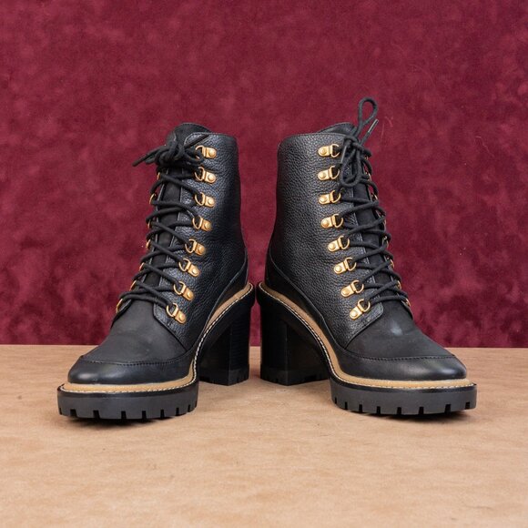 Tory Burch Women Black Leather Miller Lace up Dress Lug Sole Boots size 7 - Picture 3 of 9